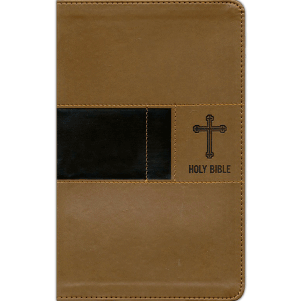 Una Biblia NIV con cubierta de cuero sintético marrón, con un detalle rectangular negro y un símbolo de la cruz en relieve en la portada, que cuenta con una tipografía cómoda para facilitar la lectura.