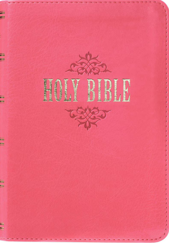 Una Biblia de imitación de piel rosa con texto en relieve dorado y detalles decorativos en la cubierta; esta Biblia de letra grande ofrece una elegante edición de las Sagradas Escrituras.