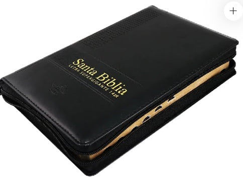 Biblia Reina Valera 1960 negra con cremallera y letras doradas que dicen Santa Biblia, letra supergigante de 14 pt.