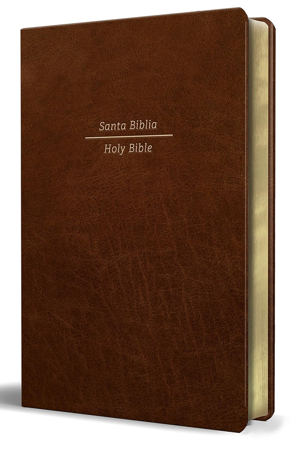 Un libro encuadernado en imitación de cuero marrón con los títulos «Santa Biblia» y «Holy Bible» en letra blanca, ideal como regalo, con letra más grande para facilitar la lectura.