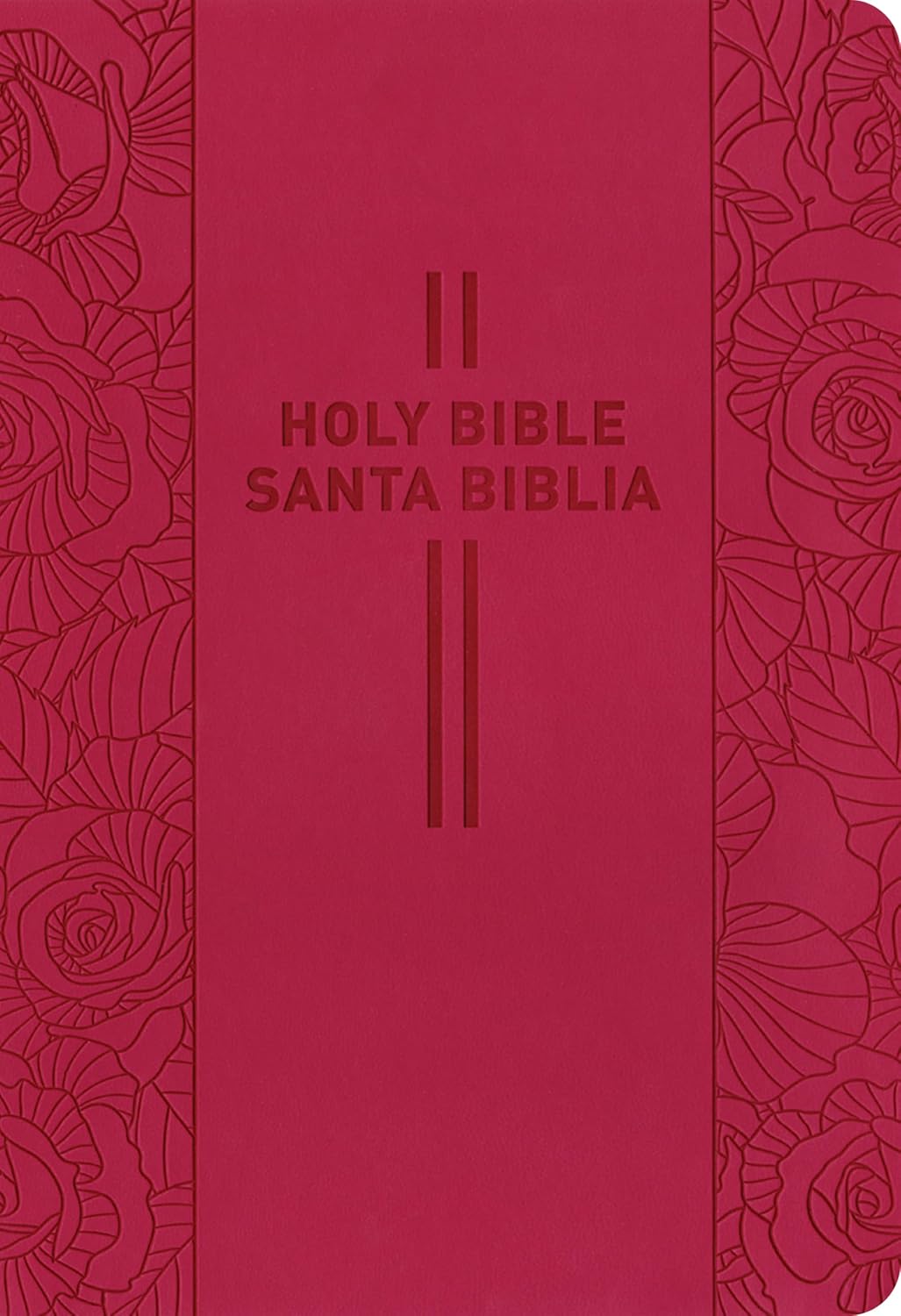 Cubierta roja de una Biblia bilingüe (Biblia) con el texto «Holy Bible Santa Biblia» en el centro, un motivo floral en relieve en los laterales, e incluye mapas a todo color y un plan de lectura de 365 días.