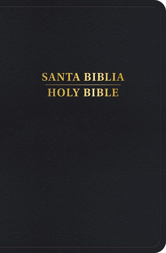 Una cubierta negra con el texto en dorado que reza «SANTA BIBLIA HOLY BIBLE». Esta Biblia bilingüe incluye la versión KJV RVR 1960 y las «Palabras de Cristo» en rojo.