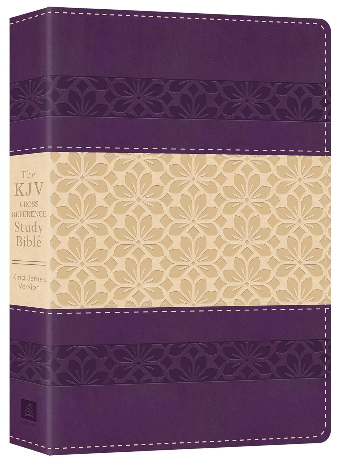 Una Biblia de estudio de tapa dura de la Versión del Rey Jacobo, con una cubierta estampada en tonos morados y beige con motivos florales, referencias cruzadas y útiles artículos sobre el contexto bíblico.
