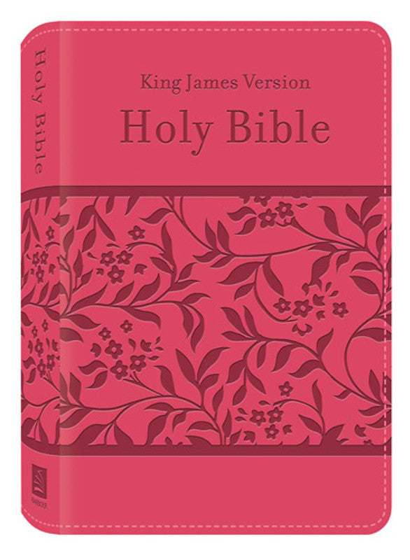 Una Biblia de la Versión del Rey Jacobo de color rosa con una cubierta floral, que incluye recursos de estudio y guías con planes de lectura de la Biblia para el Antiguo y el Nuevo Testamento.