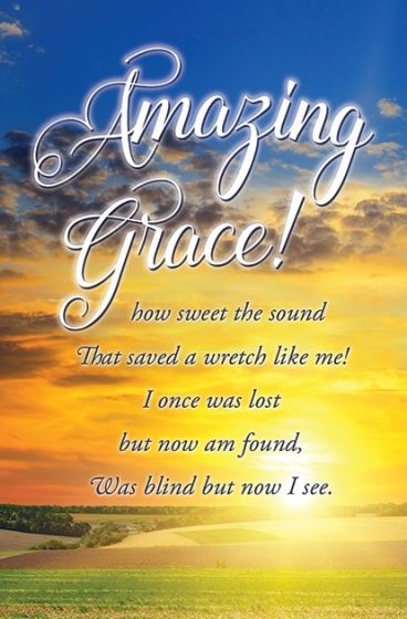 Un pintoresco amanecer sobre un campo con las palabras del himno «Amazing Grace» escritas en letra cursiva, ideal para boletines de iglesia o para incluir en anuncios de iglesia, que describen la salvación y la vista recién recuperada.