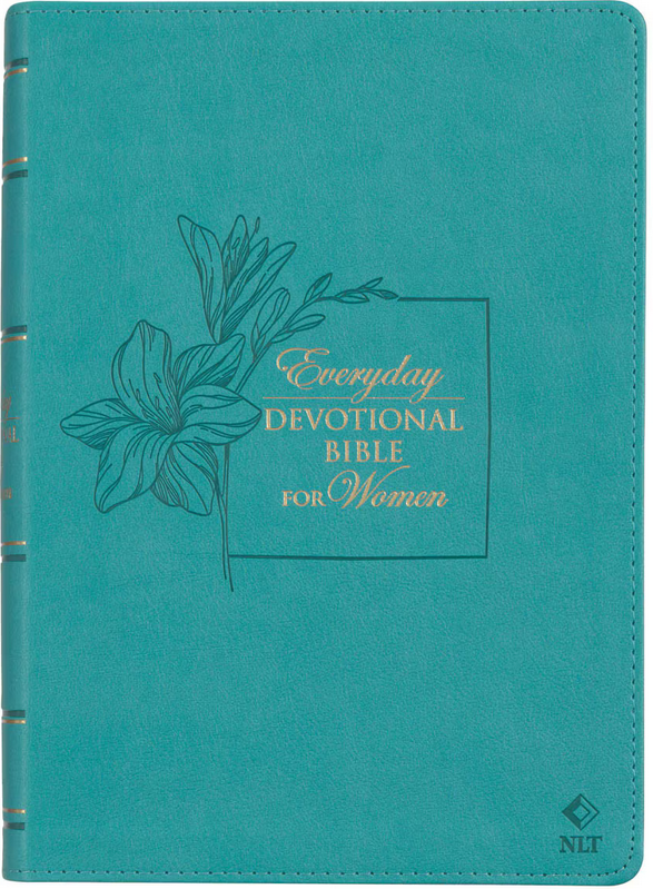 Una funda para libro de imitación de piel en color verde azulado con un dibujo floral y el texto «Everyday Devotional Bible for Women, NLT», que incluye reflexiones devocionales de la New Living Translation.