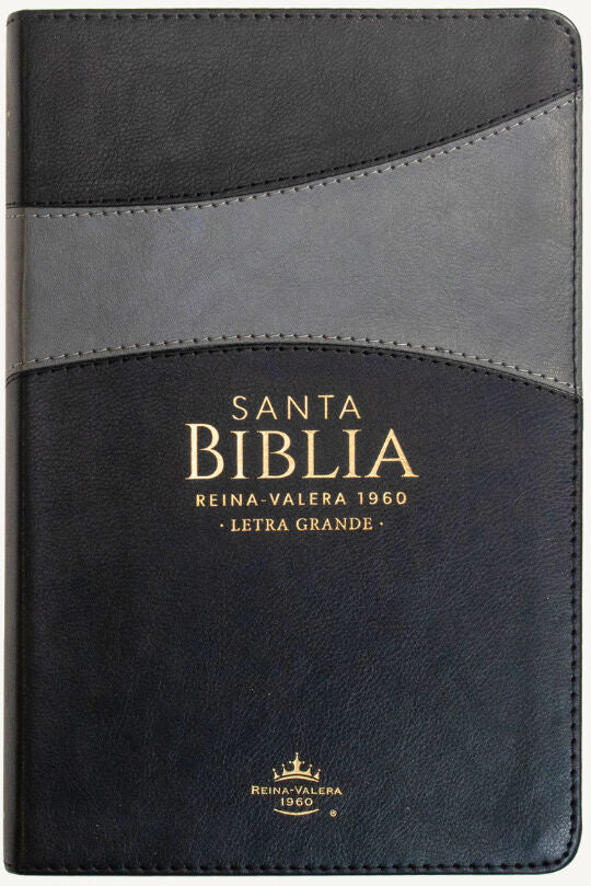 Una Biblia de tamaño manual, encuadernada en cuero negro y gris, en español, con la inscripción en dorado «Santa Biblia, Reina-Valera 1960, Letra Grande» en la portada; incluye las palabras de Jesús en rojo.