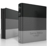 Se muestran dos Biblias en español de tapa dura tituladas «Santa Biblia», con la traducción Reina-Valera 1960 y una combinación de colores en negro y gris. Una está en posición vertical, mientras que la otra está abierta, lo que resalta su «letra gigante» para facilitar la lectura.