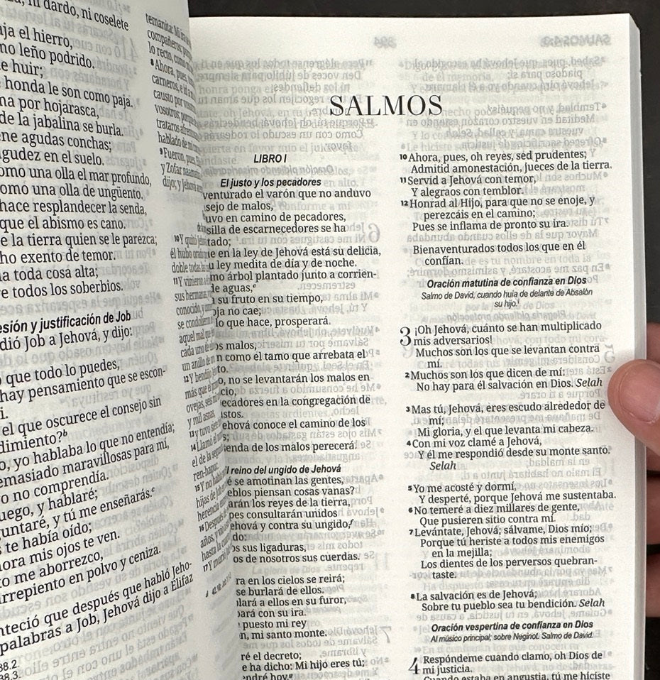Una mano sostiene abierta una Biblia de bolsillo Reina Valera 1960 por el Libro de los Salmos, en la que se ven pasajes del Salmo 1 al Salmo 3 impresos en letra negra sobre páginas blancas.