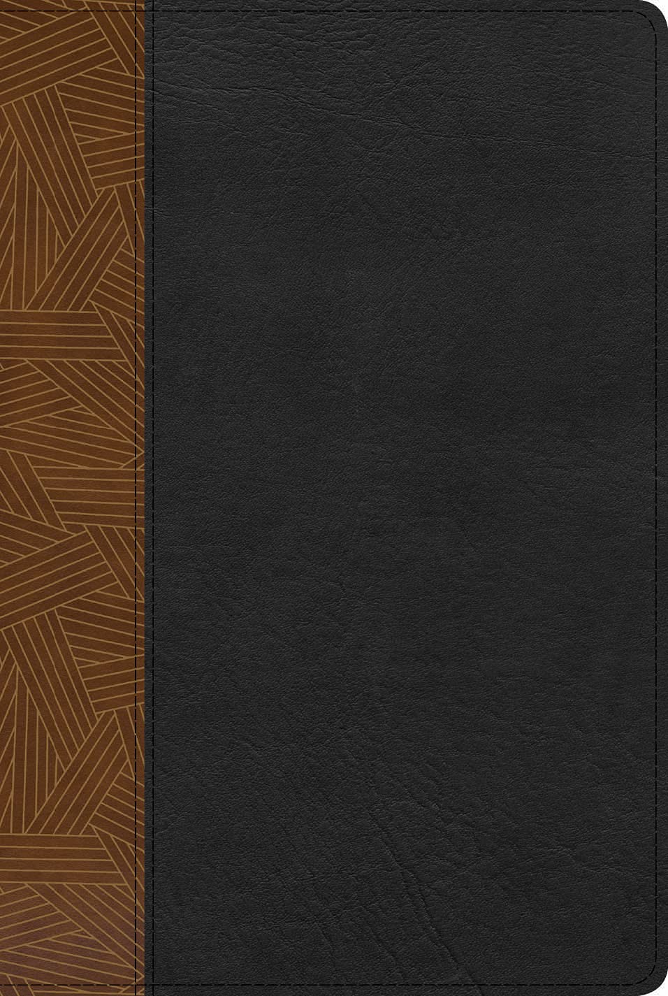 Un himnario adventista cerrado con una cubierta negra texturizada, una franja marrón estampada en el lado izquierdo y letra grande para facilitar la lectura de las promesas bíblicas.