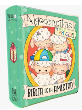 Biblia infantil titulada «Biblia de la Amistad», Biblia Reina-Valera 1960, con personajes ilustrados en forma de ovejas en la cubierta de tapa dura, en colores pastel y con un diseño divertido y compacto.