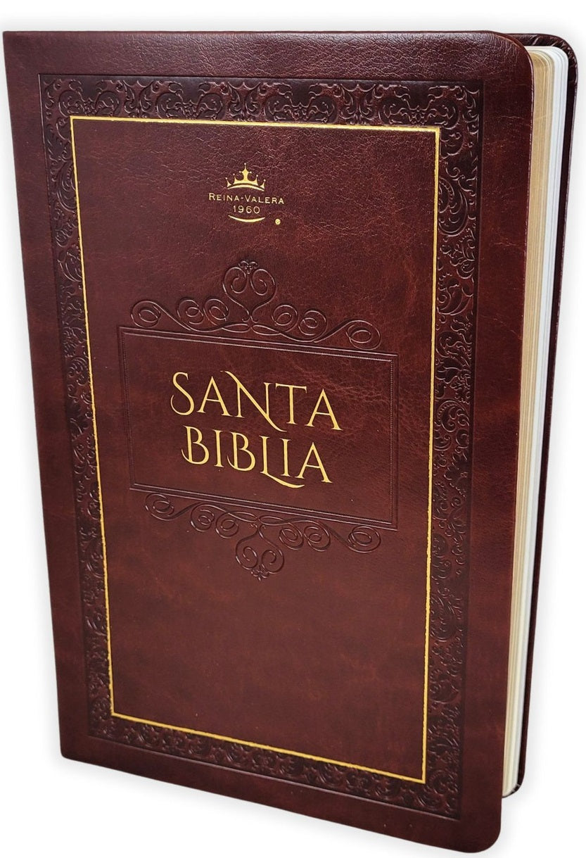 Una Biblia RV 1960 encuadernada en cuero marrón, con las inscripciones «Santa Biblia» y «Reina-Valera 1960» en letras doradas en la cubierta, en la que las palabras de Jesús aparecen en rojo.