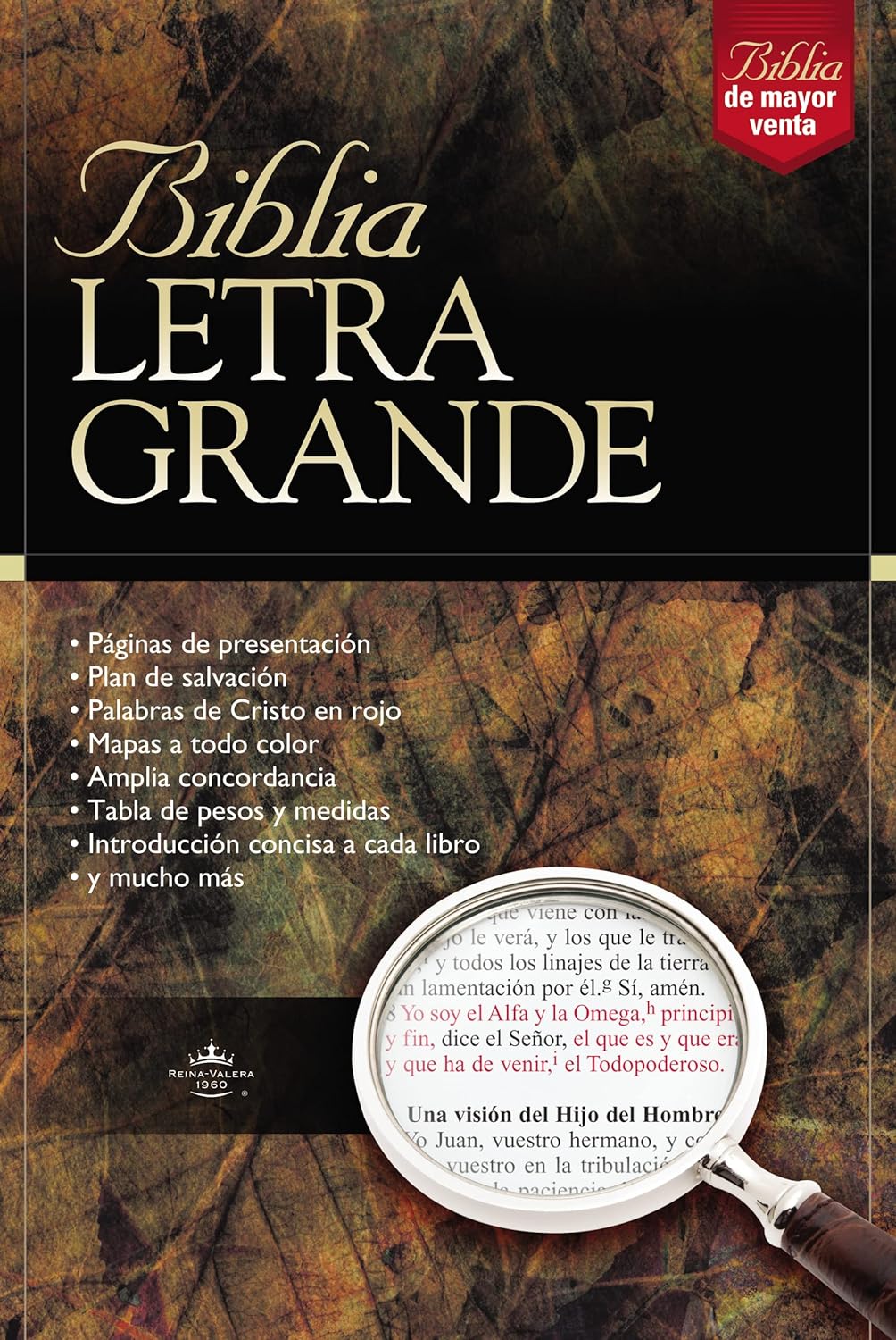 Portada de una «Biblia Letra grande» en imitación de piel, en la que se destacan, en forma de viñetas, sus características, las «Palabras de Jesús» en rojo y un extracto circular del Libro del Apocalipsis cerca de la parte inferior.