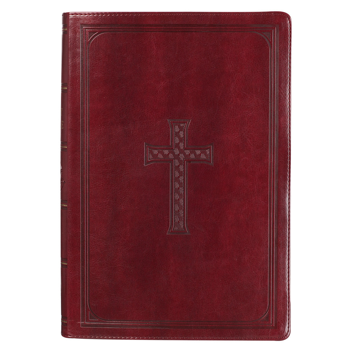 Un libro de gran formato, de tapa dura, de la Versión del Rey Jacobo con letra grande, con una cubierta de cuero rojo que presenta un diseño de cruz en relieve en el centro y prácticas pestañas de índice para el pulgar.