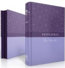 Se muestran dos libros de tapa dura con cubiertas de color morado y lavanda, titulados «Santa Biblia Reina Valera 1960», tanto en posición vertical como abierta. Estas ediciones de «Biblia bolsillo» incluyen «las palabras de Jesús en rojo» para facilitar su consulta.