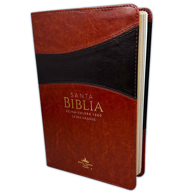 Una Biblia en español con una cubierta de imitación de piel en tonos marrón y negro, titulada «Santa Biblia Reina-Valera 1960 Letra Grande» en letras doradas.