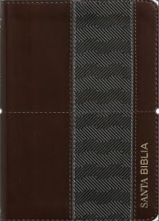 Una Biblia de bolsillo en la versión Reina Valera 1960, con cubierta de imitación de piel marrón y negra, con diseño en espiga y la inscripción «SANTA BIBLIA» en dorado en el lateral derecho.
