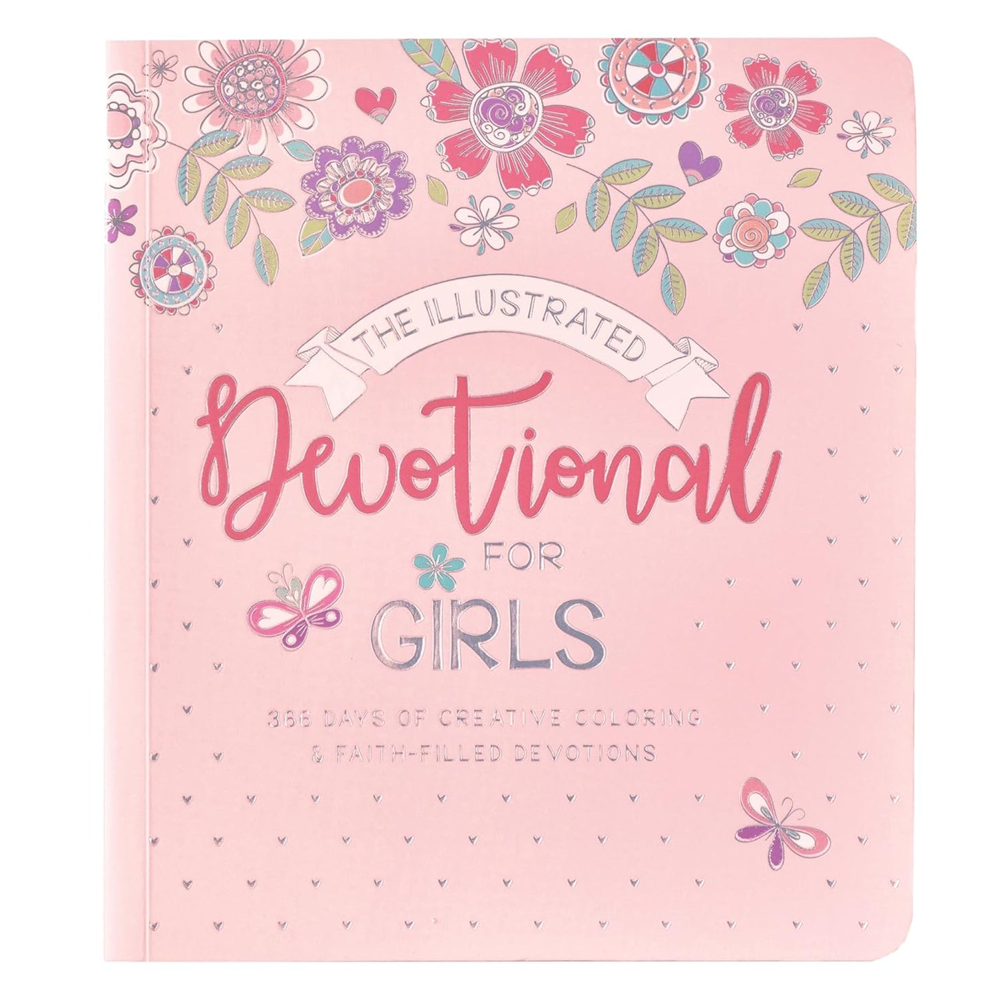 Un libro devocional de color rosa titulado «El devocional ilustrado para niñas», con ilustraciones de flores y mariposas en la portada, perfecto para las lecturas devocionales diarias y para colorear ilustraciones de las Escrituras.