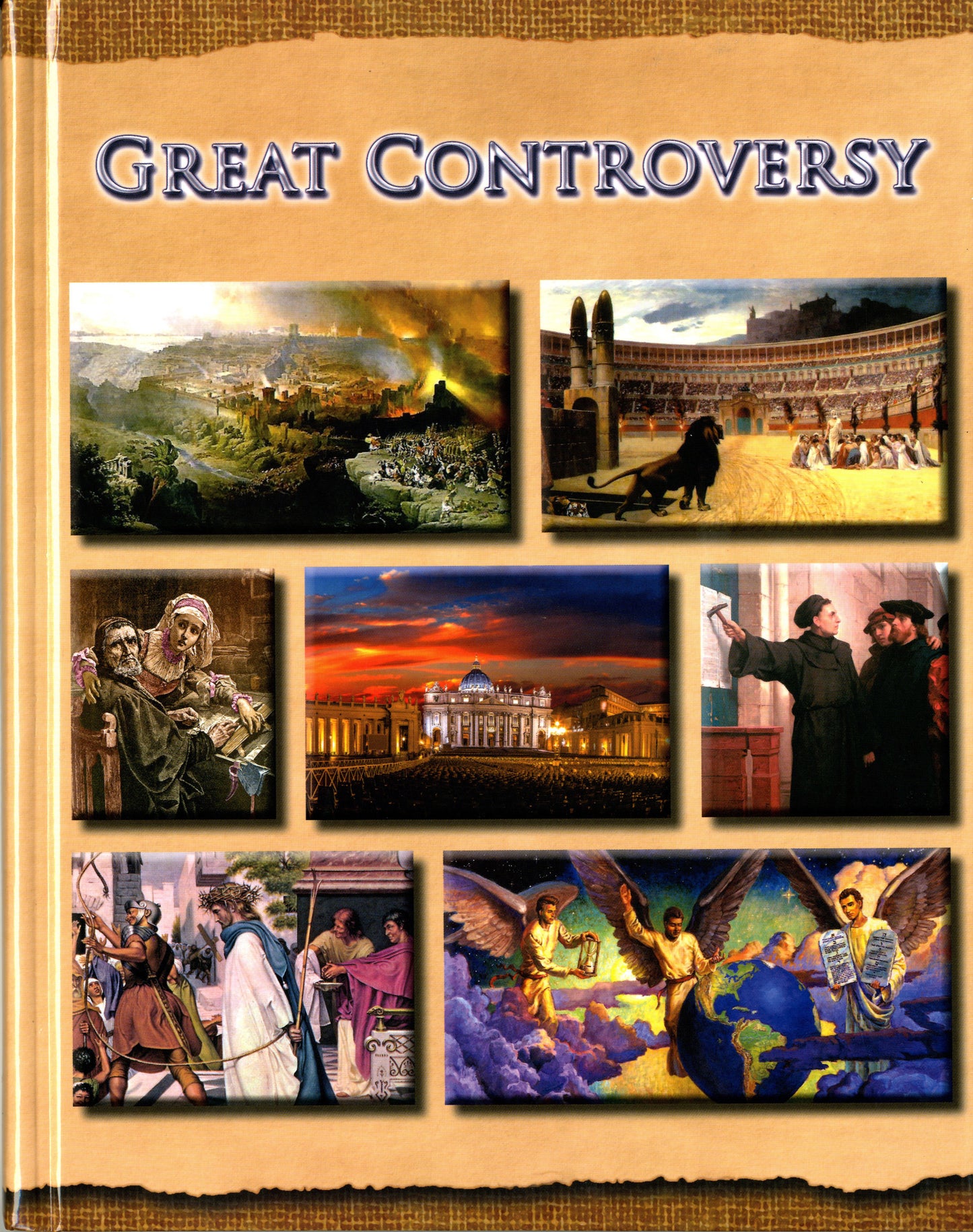 Collage de escenas históricas y religiosas, entre las que se incluyen ciudades antiguas, el Coliseo romano, figuras religiosas, ángeles y el Vaticano, bajo el título «El gran conflicto», que representa el conflicto continuo entre Cristo y Satanás. Edición en tapa dura.