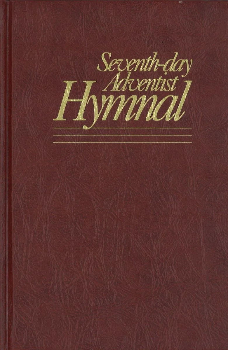 La portada de un himnario de la Iglesia Adventista del Séptimo Día, de color granate, con letras doradas e ilustraciones para el culto.