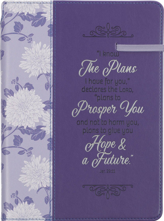 Cuaderno de imitación de piel morada con cierre de cremallera, que destaca por su preciosa cubierta floral y un versículo bíblico de Jeremías 29:11 sobre los planes de Dios, escrito con elegante caligrafía en color plateado; perfecto como cuaderno de versículos inspiradores.