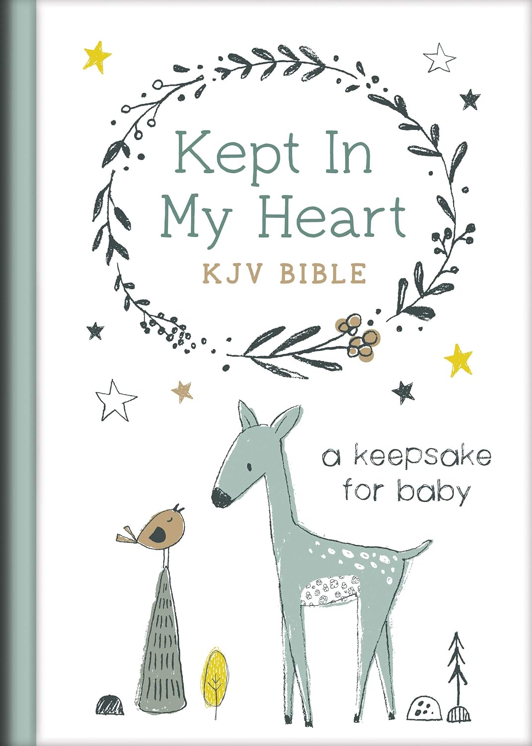 Portada del libro con el título «Kept In My Heart KJV Bible»: un álbum de recuerdos para bebés basado en la Versión del Rey Jacobo, con ilustraciones de un ciervo, un pájaro, estrellas y hojas en colores suaves.