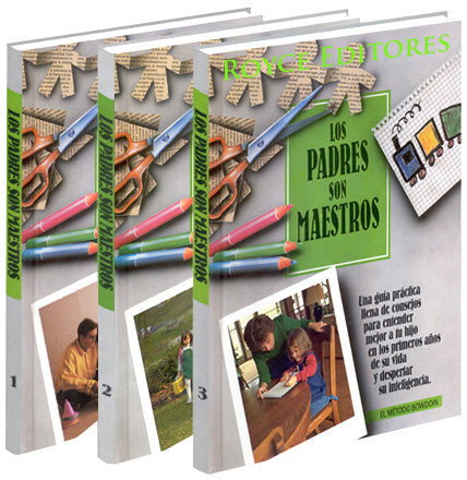 Tres libros titulados «Los Padres Son Maestros», cuyas portadas muestran imágenes de niños, material escolar y padres interactuando con sus hijos, ideales para el desarrollo intelectual de los hijos y perfectos como parte de un programa para padres.
