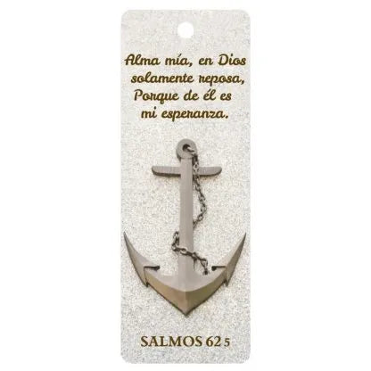 Un ancla metálica con una cadena sobre un fondo texturizado, en la que aparece el versículo de la Biblia en español, Salmos 62:5, sobre la esperanza y el descanso en Dios.