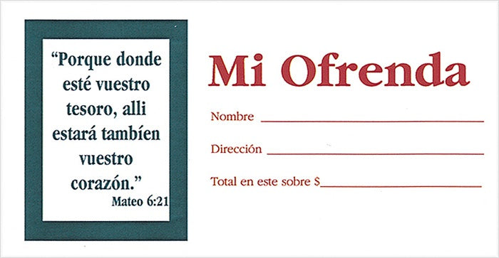 Sobres para ofrendas de una iglesia española con un versículo bíblico y espacios en blanco para el nombre, la dirección y el importe de la donación. Se presenta en un paquete de 100 sobres, de tamaño 3 x 6 1/4.