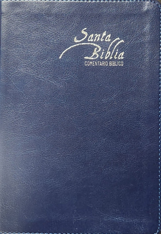 Una cubierta de libro encuadernada en cuero azul con el texto «Santa Biblia Comentario Bíblico» grabado en relieve en blanco en la esquina superior derecha, ideal para Estudios Bíblicos y con referencias a la Biblia Reina Valera Gómez.