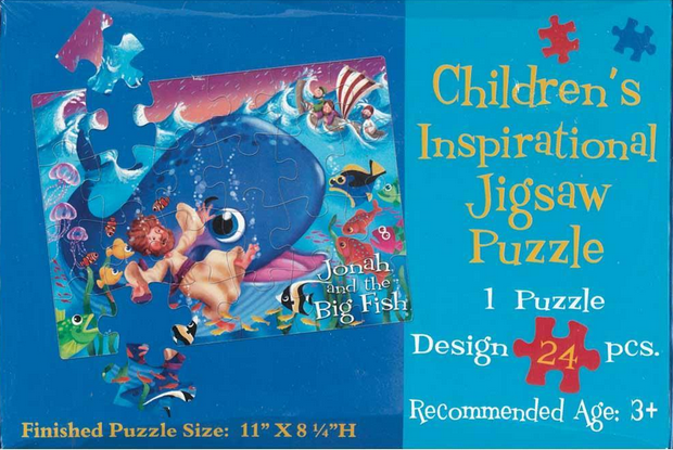 Caja de un rompecabezas inspirador para niños titulado «Jonás y el gran pez», en el que aparece una ballena en un escenario submarino. Incluye 24 piezas y mide 11 x 8 pulgadas; es perfecto para niños a partir de 3 años.