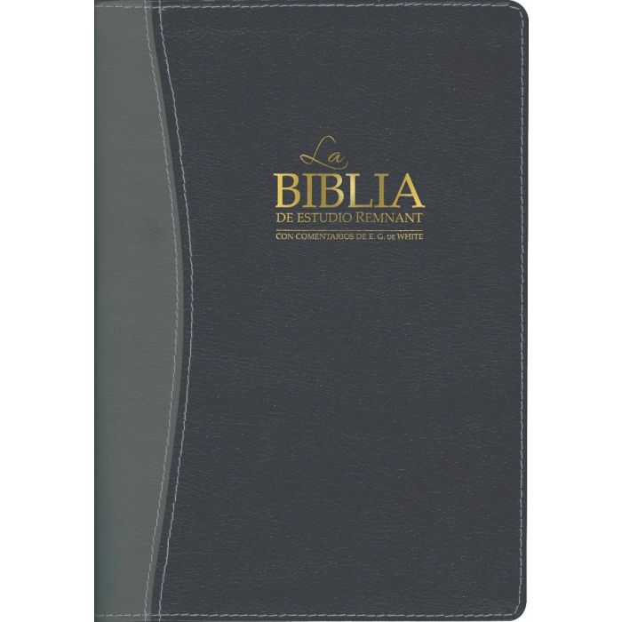 Portada de «La Biblia de Estudio Remnant Reina-Valera», con texto en dorado sobre un fondo oscuro de imitación de cuero, que incluye comentarios de Elena G. de White y estudios temáticos bíblicos.