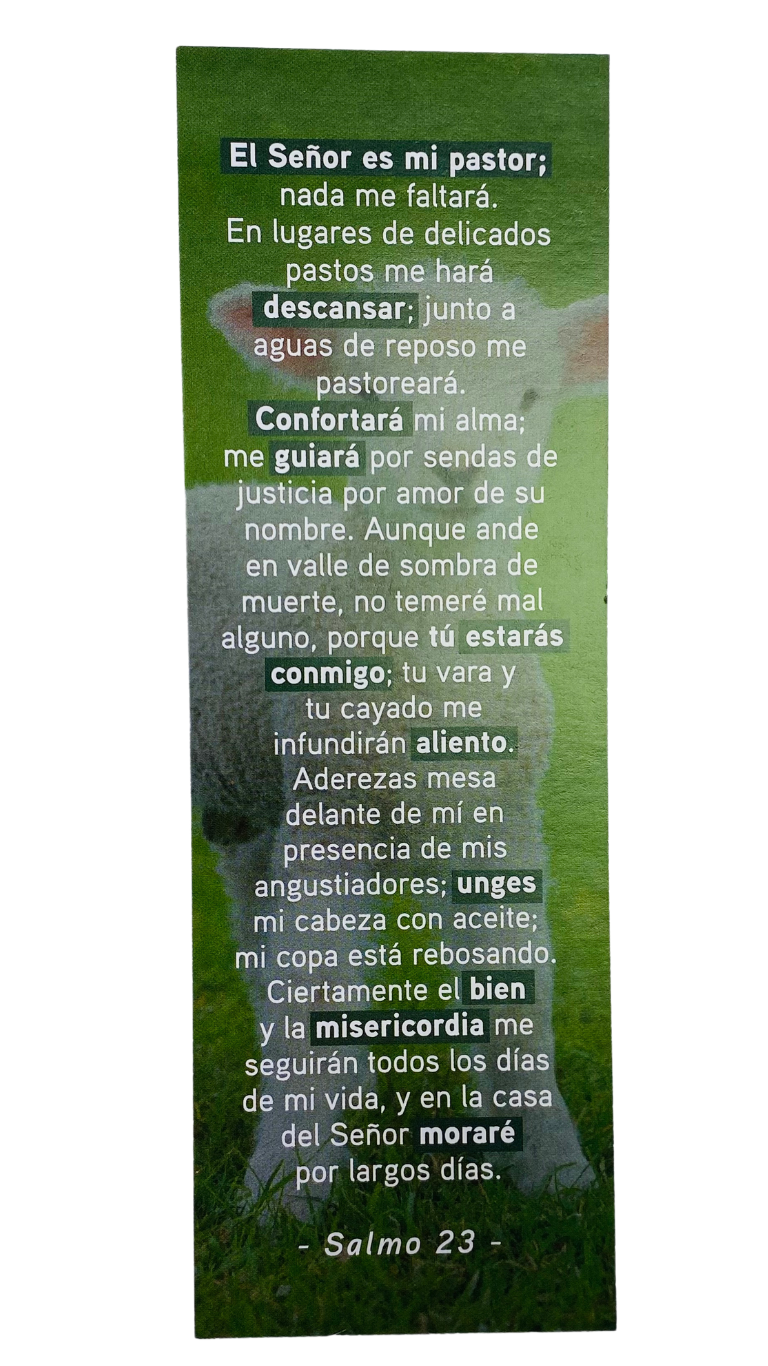Marcapáginas verde con el texto en español del Salmo 23, «El Señor es mi pastor», con la imagen de una oveja al fondo. Disponible en paquetes de 25.