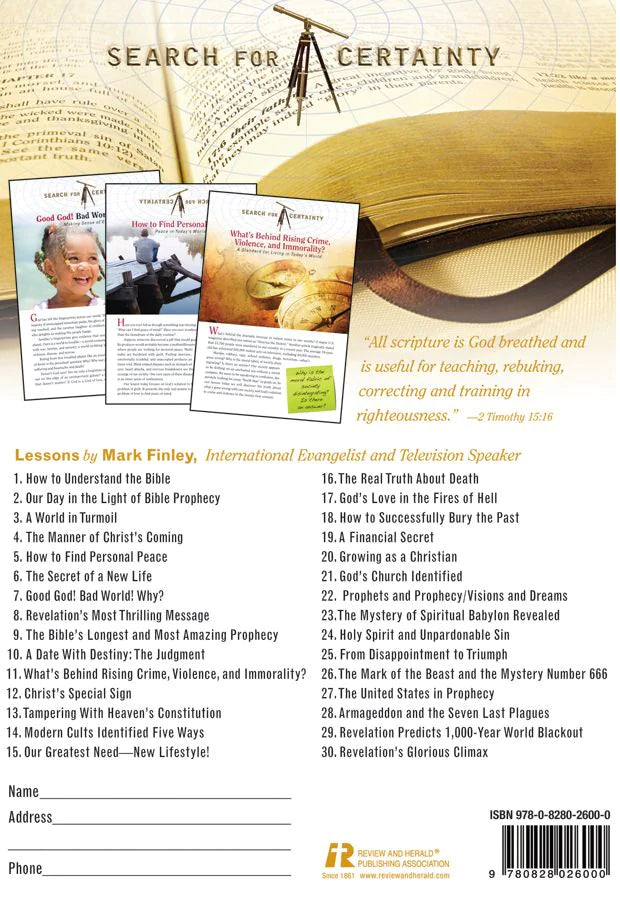 Contraportada de un folleto religioso actualizado que incluye 30 lecciones de Mark Finley, espacios para los datos de contacto y una Biblia abierta con una brújula en la parte superior.