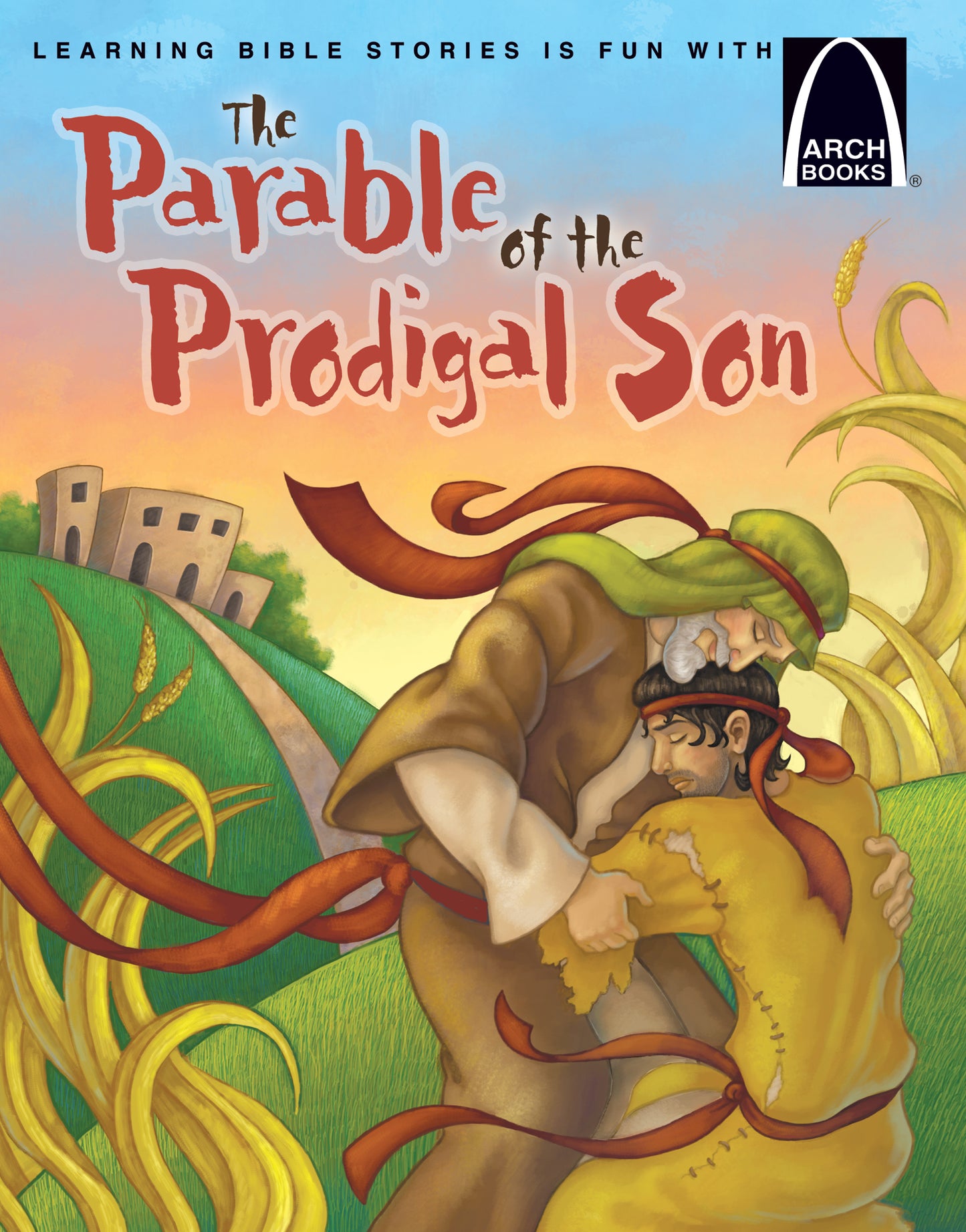 La portada ilustrada del libro representa la parábola del hijo pródigo, en la que un padre abraza con cariño a su hijo, que regresa a casa, en un campo. El título reza: «La parábola del hijo pródigo», de Lucas 15:11-32. El logotipo de Arch Books aparece en la esquina superior derecha.