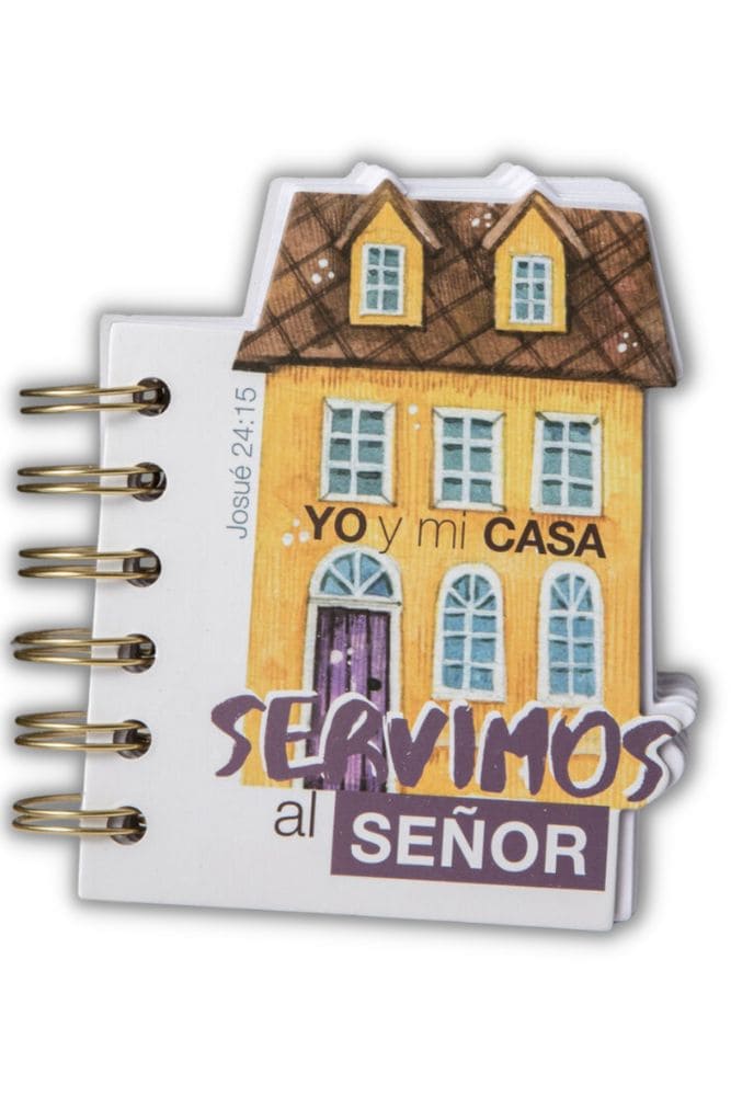Pequeña libreta troquelada con tapa dura, ilustración de una casa y texto bíblico en español: «Yo y mi casa servimos al Señor», con referencia a Josué 24:15.