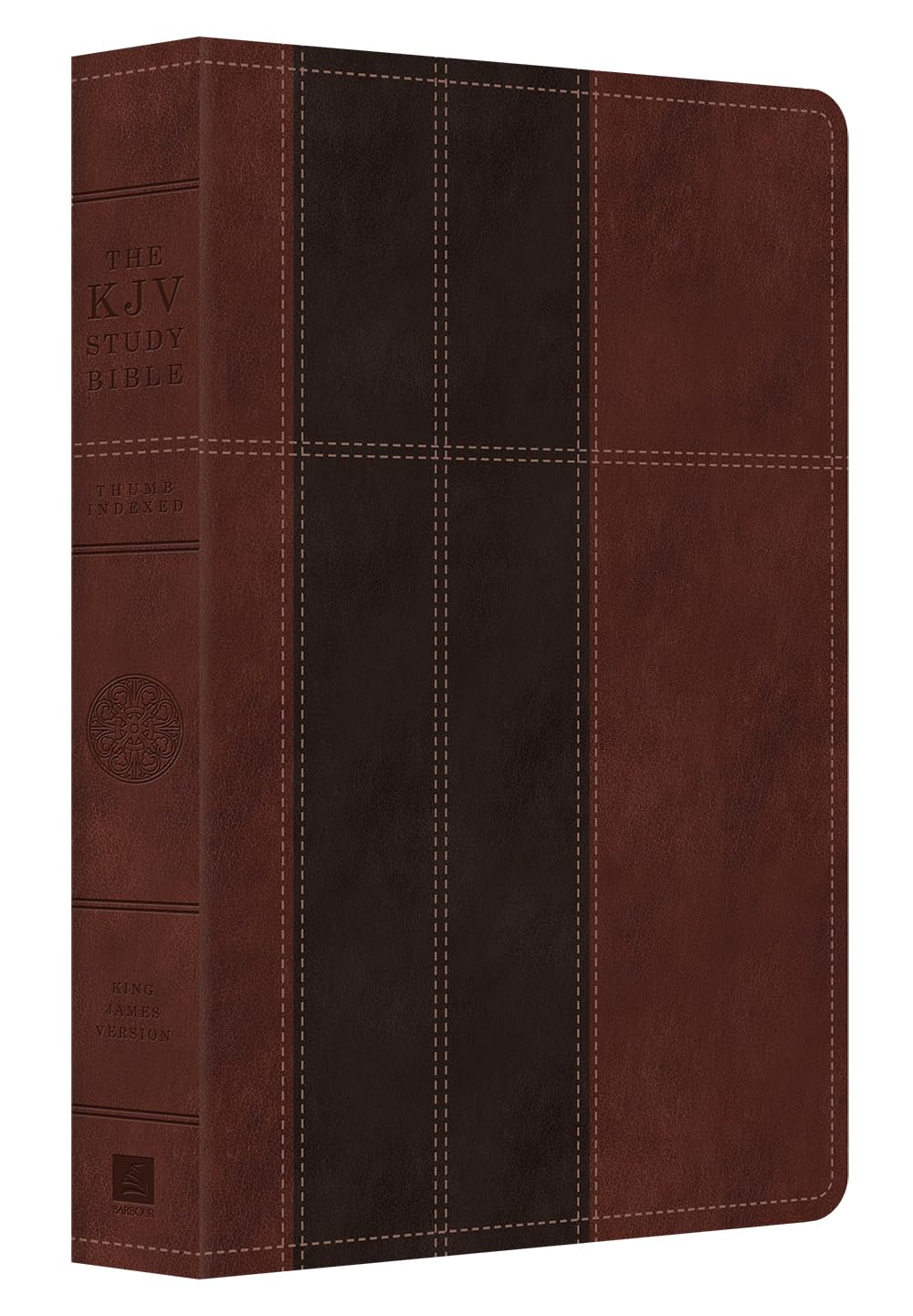 Una Biblia de estudio de la Versión del Rey Jacobo, encuadernada en cuero marrón de dos tonos, se muestra en posición vertical, dejando a la vista el lomo y la cubierta frontal con texto en relieve, costuras decorativas y elementos como una concordancia y las palabras de Cristo en rojo.