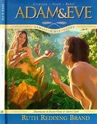 Portada ilustrada de la edición en tapa dura del libro «Adán y Eva», de Ruth Redding Brand, en la que aparece una mujer sosteniendo una fruta y un hombre tendiendo la mano hacia ella, en un exuberante jardín.