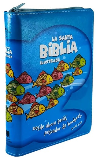 Estuche azul para la Biblia con cierre de cremallera para niños, decorado con peces y el texto La Santa Biblia. Este estuche compacto incluye el versículo dedicado a los pescadores de hombres.