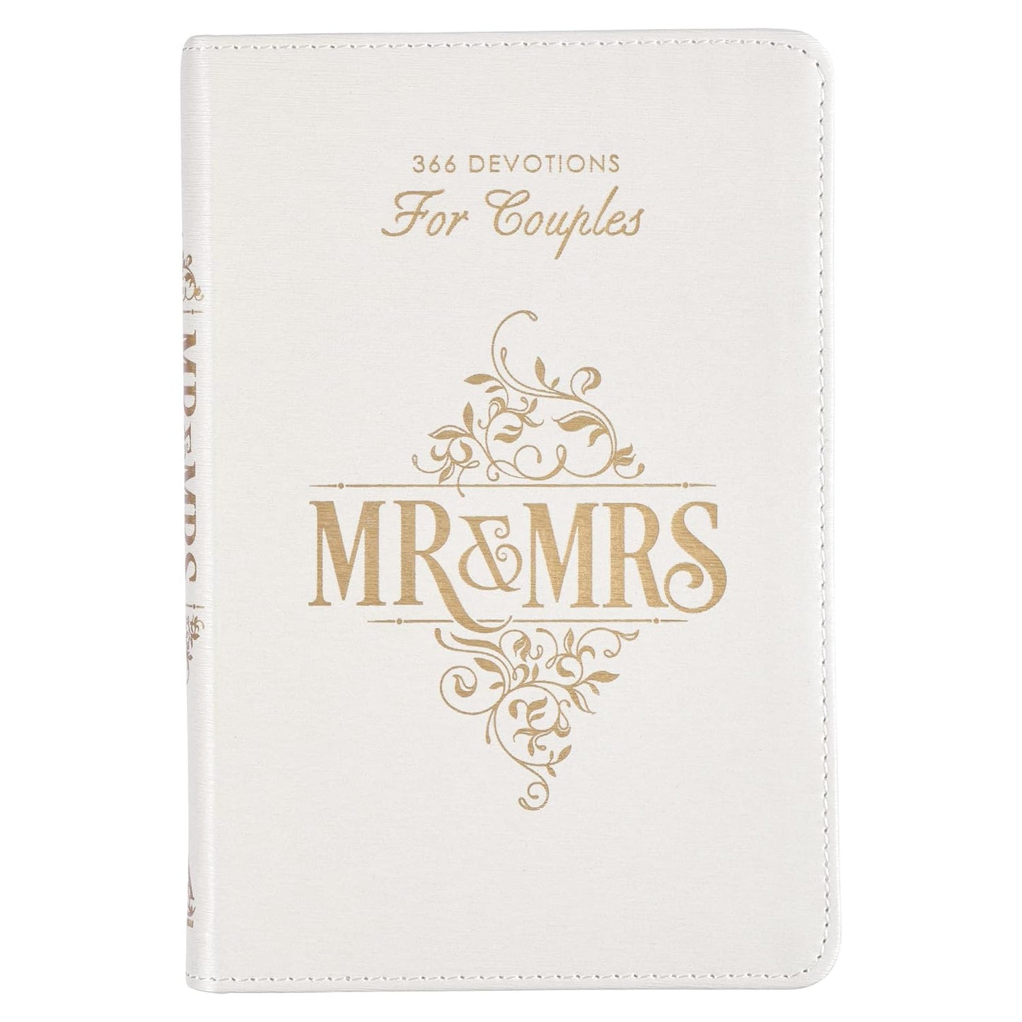 Un libro blanco titulado «366 devociones para parejas: SR. y SRA.», con texto decorativo en dorado y detalles en la cubierta y el lomo, perfecto como libro de devociones matrimoniales para parejas que buscan inspiración diaria.