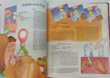 Un libro abierto en español muestra experimentos científicos para niños, con pasos ilustrados en los que se utilizan botellas, globos y agua, acompañados de textos explicativos: perfecto para los aficionados a los libros de ciencia para niños y para los curiosos que se preguntan por los grandes misterios.