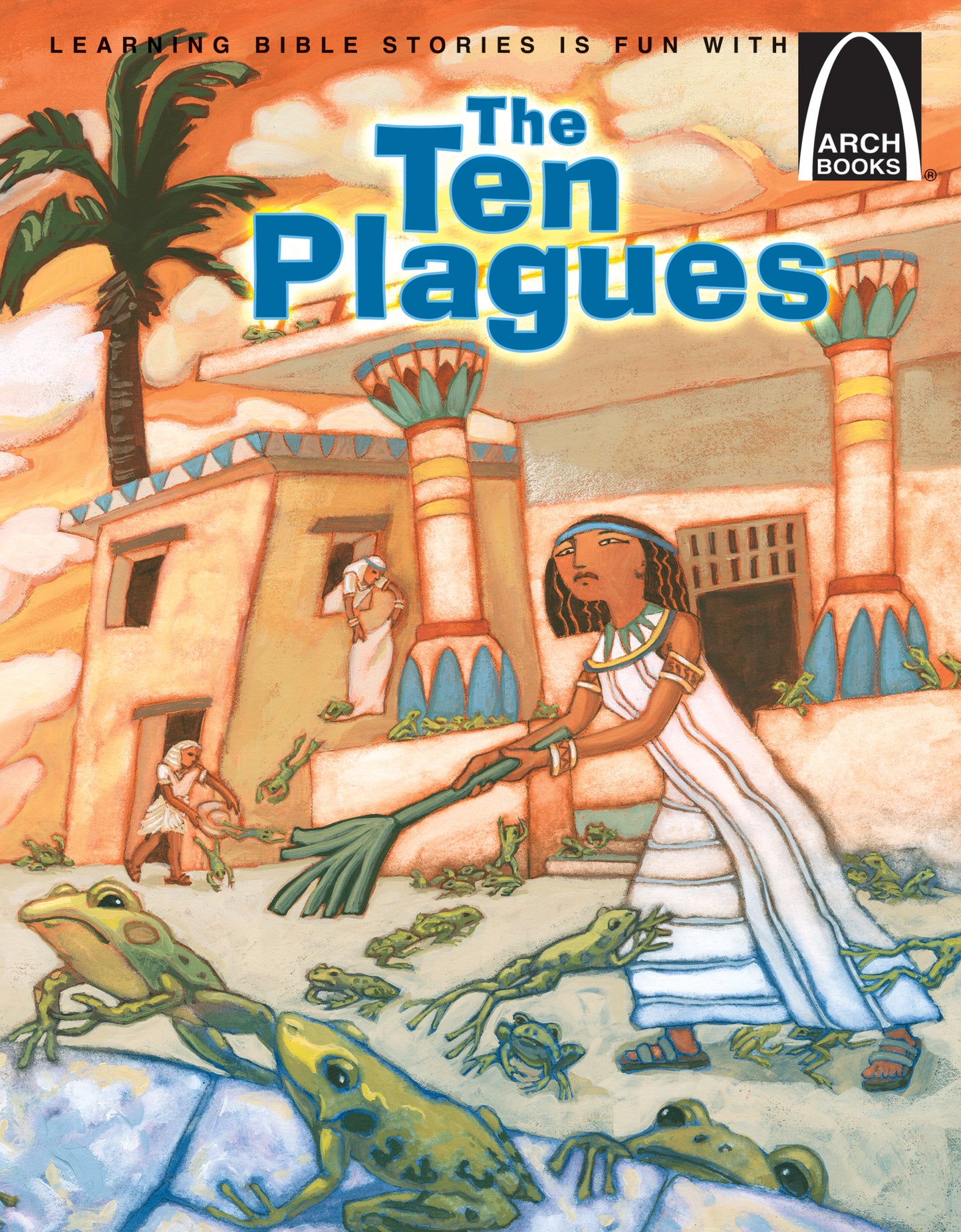Una mujer ilustrada barre ranas de un antiguo edificio egipcio con columnas, rodeada de más ranas. El texto reza «Las diez plagas» y representa la historia de los israelitas tal y como se narra en Éxodo, capítulos 7 a 12.