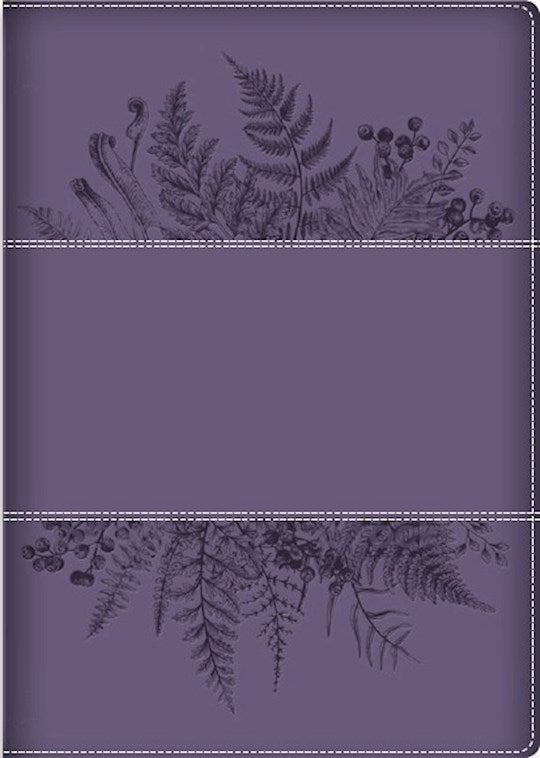 Una cubierta de diario de color morado con ilustraciones botánicas en negro de helechos, hojas y bayas a lo largo de los bordes superior e inferior, perfecta para combinar con una Biblia devocional para mujeres. La zona central, sin decoraciones, ofrece un espacio elegante para la reflexión y para escribir en el diario.