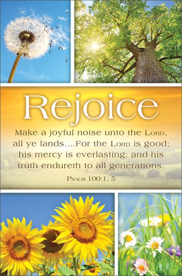 Collage de paisajes naturales con dientes de león, un árbol grande, girasoles y margaritas; perfecto para imprimir boletines para la iglesia. El texto cita el Salmo 100:1, 5 sobre el regocijo y la misericordia y la verdad eternas de Dios.