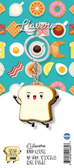En el envase aparece un divertido llavero con forma de rebanada de pan sonriente de dibujos animados, con ilustraciones de colores de alimentos para el desayuno como fondo, inspirado en Mateo 4:4, un versículo bíblico alentador sobre el pan de cada día.