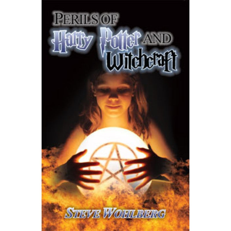 En la portada de *Los peligros de Harry Potter y la brujería*, de Steve Wohlberg, aparece una niña sosteniendo un orbe luminoso con un pentagrama, rodeado de llamas; se trata de una lectura que invita a la reflexión para preadolescentes interesados en los libros de Harry Potter y en la brujería.