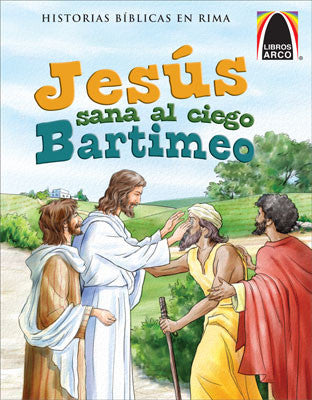 Las ilustraciones a todo color muestran a Jesús curando al ciego Bartimeo, acompañado de tres hombres, al aire libre entre árboles y colinas. Forma parte de la colección de historias bíblicas inspirada en Libros Arco.