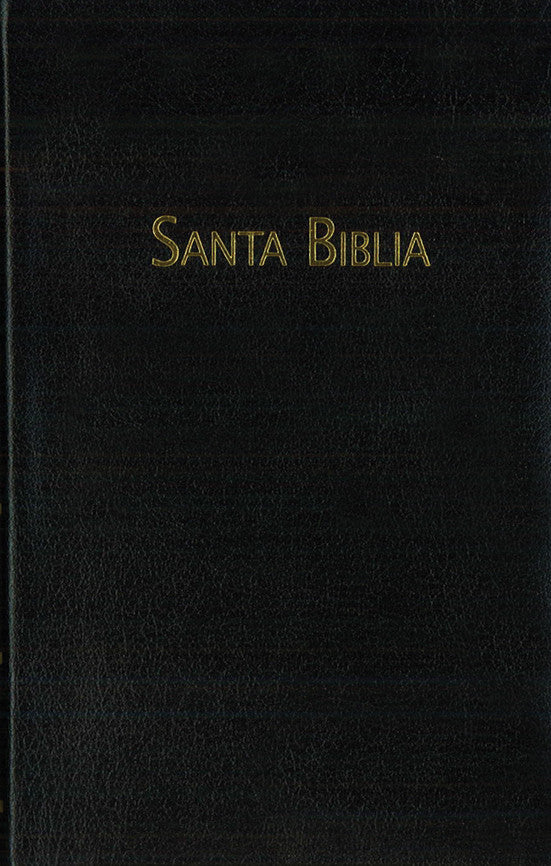 Una cubierta de libro encuadernada en cuero negro con el título «Santa Biblia» escrito en letras doradas, ideal como Biblia para un pastor o para quienes prefieren la Biblia Reina-Valera Contemporánea junto a su Himnario Adventista.
