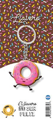 Un divertido llavero con forma de donut con glaseado rosa, una carita sonriente y detalles del Salmo 118:24 sobre un fondo de confeti. Un regalo cristiano perfecto con el texto «Llavero para ser feliz».