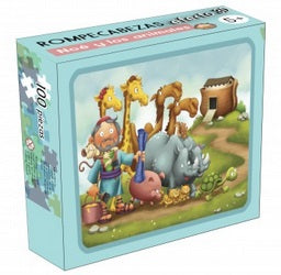 Caja metálica con un rompecabezas para niños de 100 piezas, que muestra una ilustración animada del Arca de Noé, con Noé y animales como jirafas, rinocerontes y elefantes frente al arca.